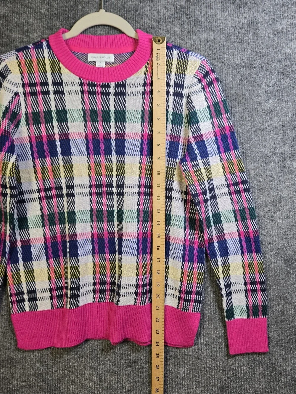 Charter Club Sweater Womens S Pink Black Plaid Whimsy Crew Neck Preppy New